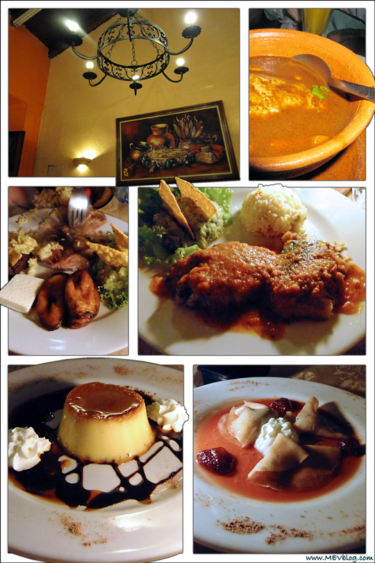 tortillas , (plantains) , Chicken Pepian, flan, crepe, guatemala